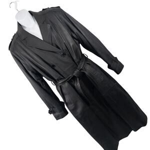 JOHNNY WEAR, NY! BLACK GENUINE LEATHER CLASSIC BELTED WAIST TRENCHCOAT! SZ L